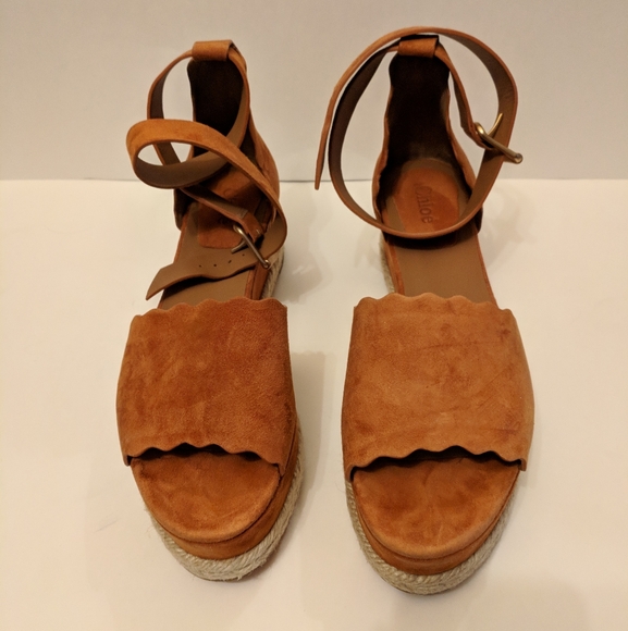 Chloe scalloped espadrille wedges Indian red suede size 40 NWOB